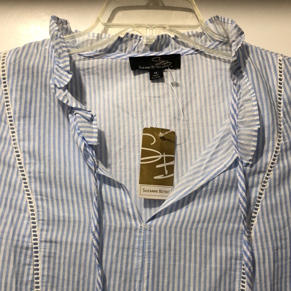 Suzanne Betro Blouse M Stripped Cotton 3/4 Sleeve Embroidered Boho Blue White - Picture 2 of 8